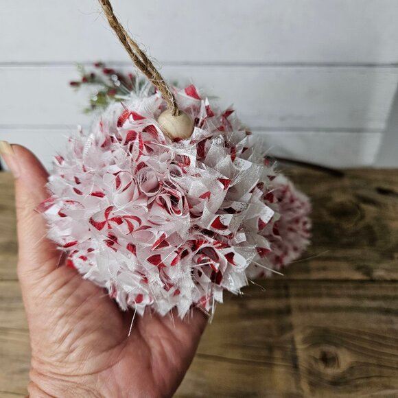 Hand Crafted Boho Shabby Chic Rag Red White Tree Ornaments Set of 3 - Picture 6 of 6